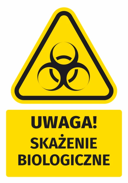 Żółta naklejka ostrzegawcza BHP z czarnym piktogramem zagrożenia biologicznego i napisem Uwaga! Skażenie biologiczne