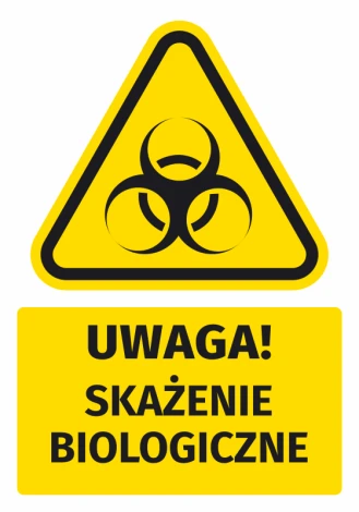 Naklejka ostrzegawcza BHP z piktogramem Uwaga! Skażenie biologiczne - Wzór graficzny. Trójkąt z symbolem biologicznym