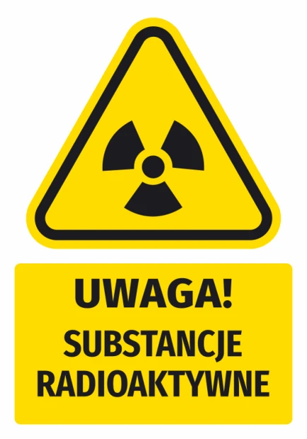 Naklejka ostrzegawcza BHP z piktogramem Uwaga! Substancje radioaktywne - Wzór graficzny. Trójkąt z symbolem promieniowania