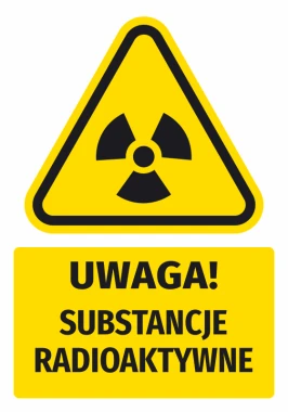 Naklejka ostrzegawcza BHP z piktogramem Uwaga! Substancje radioaktywne - Wzór graficzny. Trójkąt z symbolem promieniowania