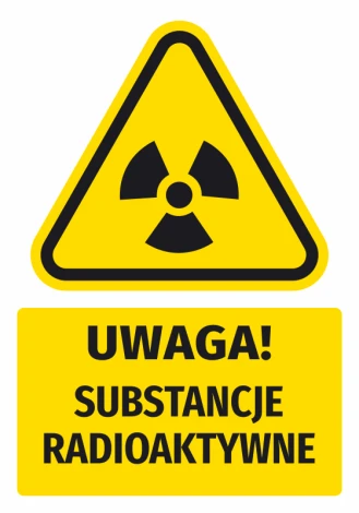 Naklejka ostrzegawcza BHP z piktogramem Uwaga! Substancje radioaktywne - Wzór graficzny. Trójkąt z symbolem promieniowania