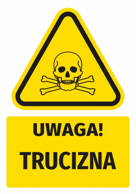 Naklejka ostrzegawcza BHP z piktogramem Uwaga! Trucizna - Wzór graficzny. Trójkąt z czaszką i kośćmi na żółtym tle. Pod nim