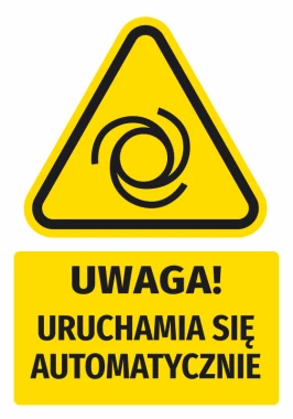 Naklejka ostrzegawcza BHP z piktogramem Uwaga! Uruchamia się automatycznie - Wzór graficzny. Żółty trójkąt z czarnym