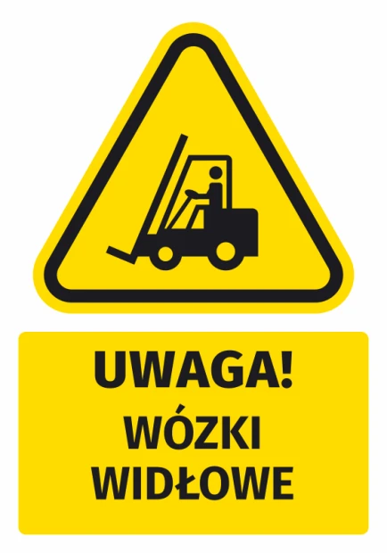 Żółta naklejka ostrzegawcza BHP na białym tle z piktogramem wózka widłowego i czarnym napisem Uwaga! Wózki widłowe