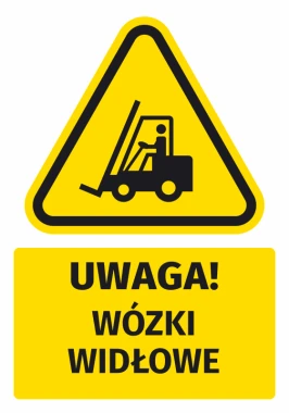 Naklejka ostrzegawcza BHP z piktogramem Uwaga! Wózki widłowe - Wzór graficzny. Trójkąt z czarnym wózkiem widłowym na żółtym