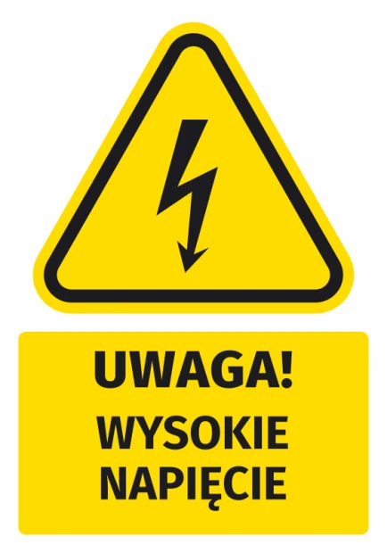 Naklejka ostrzegawcza BHP z piktogramem Uwaga! Wysokie napięcie - Wzór graficzny. Trójkąt z błyskawicą na żółtym tle