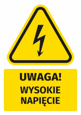 Naklejka ostrzegawcza BHP z piktogramem Uwaga! Wysokie napięcie - Wzór graficzny. Trójkąt z błyskawicą na żółtym tle