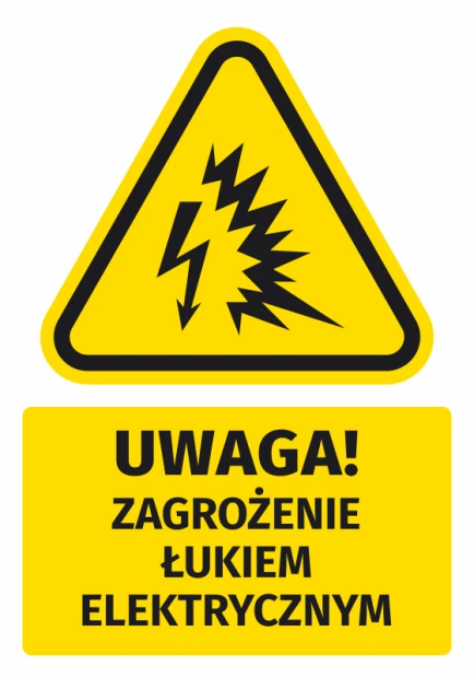 Naklejka ostrzegawcza BHP z piktogramem Uwaga! Zagrożenie łukiem elektrycznym - Wzór graficzny. Żółty trójkąt z czarnym