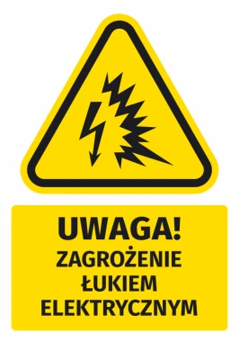 Naklejka ostrzegawcza BHP z piktogramem Uwaga! Zagrożenie łukiem elektrycznym - Wzór graficzny. Żółty trójkąt z czarnym