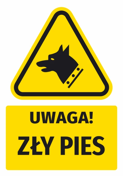Naklejka ostrzegawcza BHP z piktogramem Uwaga! Zły pies N749 - Wzór graficzny. Trójkątna forma z czarnym psem na żółtym tle