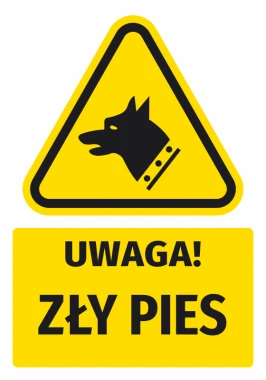 Naklejka ostrzegawcza BHP z piktogramem Uwaga! Zły pies N749 - Wzór graficzny. Trójkątna forma z czarnym psem na żółtym tle