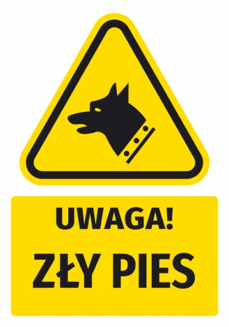 Naklejka ostrzegawcza BHP z piktogramem Uwaga! Zły pies N749 - Wzór graficzny. Trójkątna forma z czarnym psem na żółtym tle