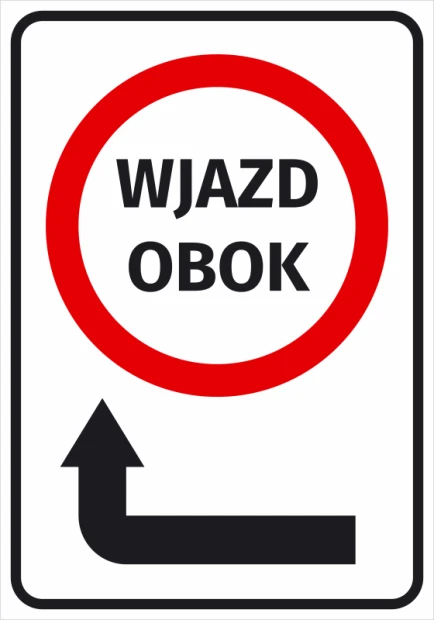 Naklejka Wjazd obok strzałka w lewo - Wzór graficzny. Czerwony okrąg z napisem WJAZD OBOK i strzałką w lewo