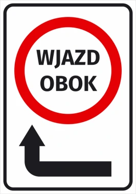 Naklejka Wjazd obok strzałka w lewo - Wzór graficzny. Czerwony okrąg z napisem WJAZD OBOK i strzałką w lewo