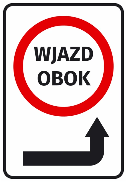 Naklejka BHP zakazu z czerwonym ringiem, napisem Wjazd obok i czarną strzałką kierunkową na białym tle