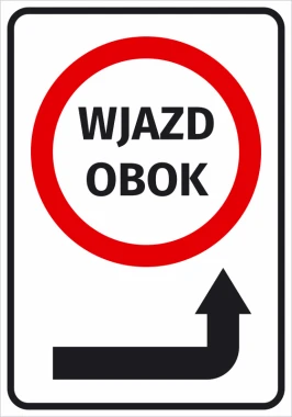 Naklejka Wjazd obok strzałka w prawo - Wzór graficzny. Czerwony okrąg z napisem WJAZD OBOK i czarna strzałka w prawo