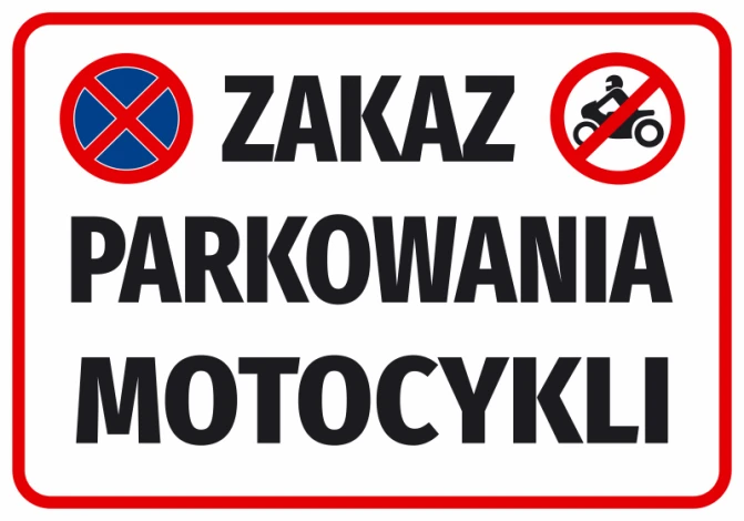 Naklejka Zakaz parkowania motocykli - Wzór graficzny. Dwa symbole zakazu oraz duży tekst na białym tle