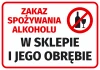 Naklejka Zakaz spożywania alkoholu w sklepie i jego obrębie - Wzór graficzny. Czerwony prostokąt z białym napisem i symbolem