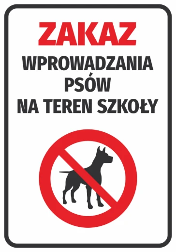 Naklejka BHP z czerwonym znakiem zakazu wprowadzania psów i napisem ostrzegawczym na białym tle