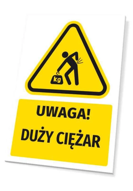 Żółto-czarna tabliczka ostrzegawcza BHP z piktogramem dźwigania i napisem Uwaga! Duży ciężar, na białym tle