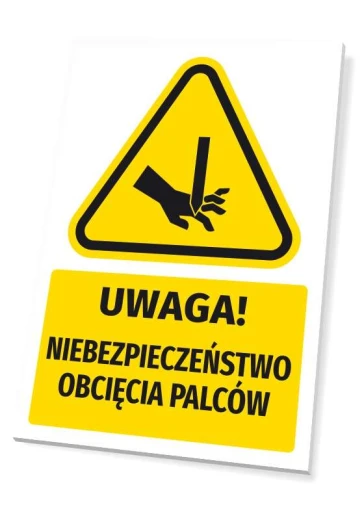 Żółta tabliczka ostrzegawcza BHP z napisem UWAGA! NIEBEZPIECZEŃSTWO OBCIĘCIA PALCÓW i piktogramem na białym tle