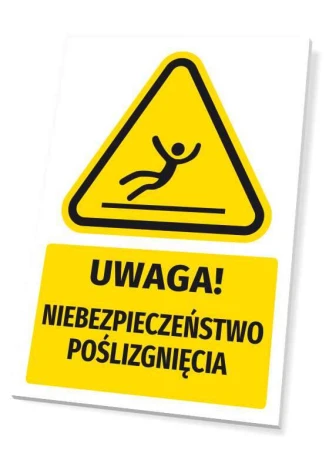 Tabliczka ostrzegawcza BHP z piktogramem Uwaga! Niebezpieczeństwo poślizgnięcia - Wzór graficzny. Żółty trójkąt z czarnym