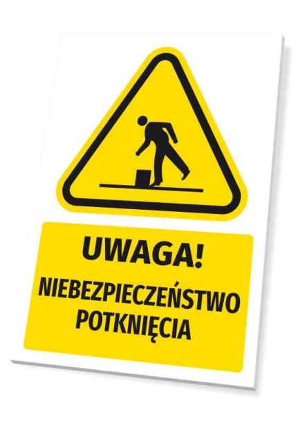 Tabliczka ostrzegawcza BHP z piktogramem Uwaga! Niebezpieczeństwo potknięcia - Wzór graficzny. Piktogram przedstawia postać