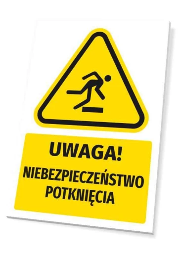 Żółta tabliczka ostrzegawcza BHP z piktogramem i napisem Uwaga Niebezpieczeństwo potknięcia na białym tle
