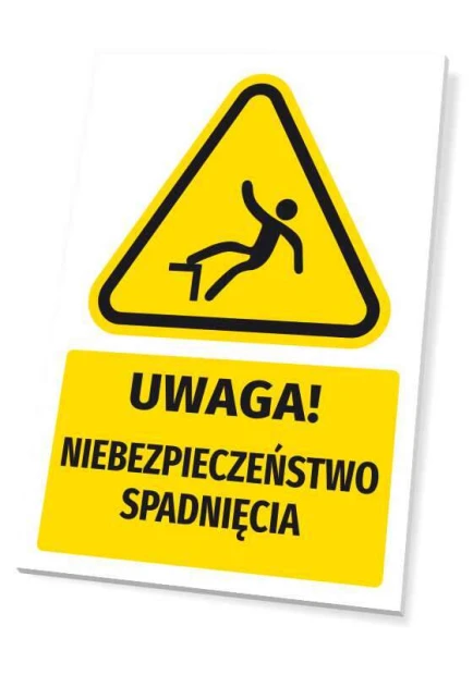 Tabliczka ostrzegawcza BHP z piktogramem Uwaga! Niebezpieczeństwo spadnięcia - Wzór graficzny. Posiada trójkątny kształt