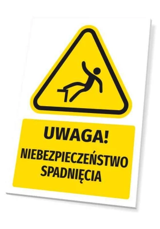 Tabliczka ostrzegawcza BHP z piktogramem Uwaga! Niebezpieczeństwo spadnięcia - Wzór graficzny. Posiada trójkątny kształt