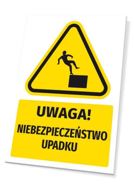 Żółto-czarna tabliczka ostrzegawcza BHP z napisem Uwaga Niebezpieczeństwo upadku i piktogramem na białym tle