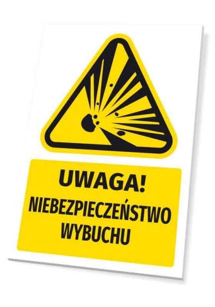Tabliczka ostrzegawcza BHP z piktogramem Uwaga! Niebezpieczeństwo wybuchu - Wzór graficzny. Trójkątna forma z czarnym
