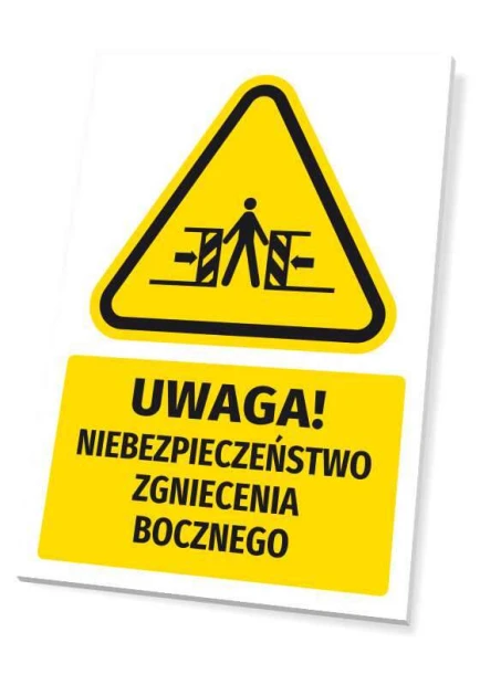 Tabliczka ostrzegawcza BHP z piktogramem Uwaga! Niebezpieczeństwo zgniecenia bocznego - Wzór graficzny. Trójkąt z postacią