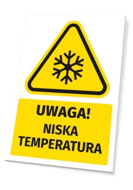 Tabliczka ostrzegawcza BHP z piktogramem Uwaga! Niska temperatura - Wzór graficzny. Trójkąt z czarnym konturem i białym