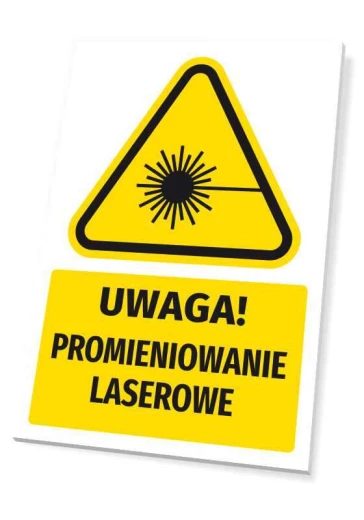 Żółta tabliczka ostrzegawcza BHP z czarnym piktogramem i napisem UWAGA! PROMIENIOWANIE LASEROWE na białe tło