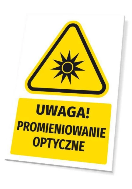 Tabliczka ostrzegawcza BHP z piktogramem Uwaga! Promieniowanie optyczne - Wzór graficzny. Trójkąt z czarnym symbolem słońca