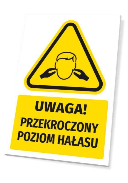 Żółta tabliczka ostrzegawcza BHP z piktogramem i napisem Uwaga! Przekroczony poziom hałasu, widok na białym tle