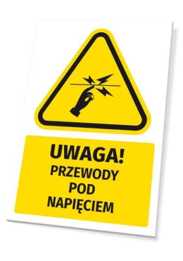 Tabliczka ostrzegawcza BHP z piktogramem Uwaga! Przewody pod napięciem - Wzór graficzny. Trójkąt z czarnym symbolem ręki