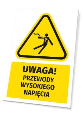 Tabliczka ostrzegawcza BHP z piktogramem Uwaga! Przewody wysokiego napięcia - Wzór graficzny. Żółty trójkąt z czarnym