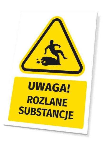 Żółta tabliczka ostrzegawcza BHP z czarnym piktogramem poślizgnięcia i napisem UWAGA! ROZLANE SUBSTANCJE