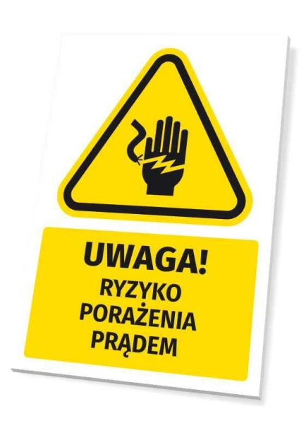 Tabliczka ostrzegawcza BHP z piktogramem Uwaga! Ryzyko porażenia prądem - Wzór graficzny. Trójkąt z ręką i błyskawicą