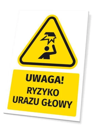 Żółta tabliczka ostrzegawcza BHP z czarnym piktogramem i napisem UWAGA! RYZYKO URAZU GŁOWY na białym tle