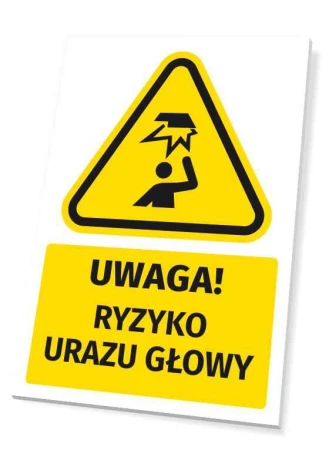Tabliczka ostrzegawcza BHP z symbolem Uwaga! Ryzyko urazu głowy T727 - Wzór graficzny. Żółty trójkąt z czarnym symbolem