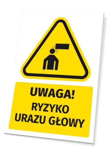Tabliczka ostrzegawcza BHP z piktogramem Uwaga! Ryzyko urazu głowy - Wzór graficzny. Trójkąt z piktogramem postaci