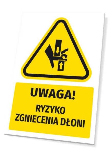 Tabliczka ostrzegawcza BHP z piktogramem Uwaga! Ryzyko zgniecenia dłoni T736 - Wzór graficzny. Żółty trójkąt z czarnym