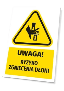 Tabliczka ostrzegawcza BHP z piktogramem Uwaga! Ryzyko zgniecenia dłoni T736 - Wzór graficzny. Żółty trójkąt z czarnym