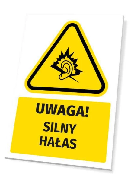 Tabliczka ostrzegawcza BHP z piktogramem Uwaga! Silny hałas - Wzór graficzny. Trójkątna forma z czarnym piktogramem ucha