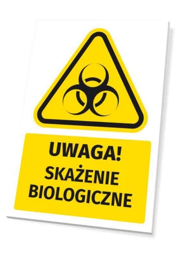 Żółto-czarna tabliczka ostrzegawcza BHP z napisem UWAGA! SKAŻENIE BIOLOGICZNE i piktogramem zagrożenia