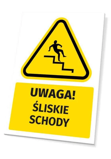 Żółta tabliczka ostrzegawcza BHP z czarnym piktogramem i napisem UWAGA! ŚLISKIE SCHODY na białym tle