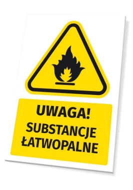 Tabliczka ostrzegawcza BHP z piktogramem Uwaga! Substancje łatwopalne - Wzór graficzny. Żółty trójkąt z czarnym płomieniem